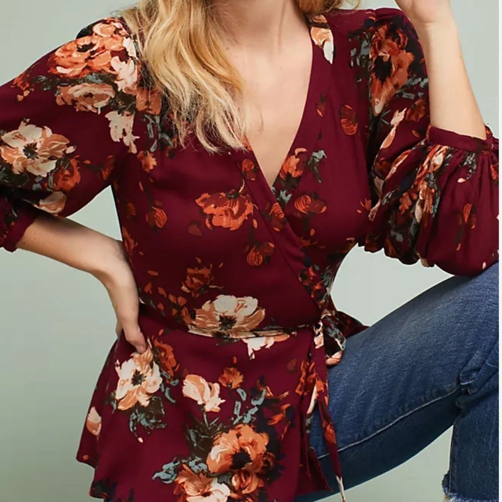 Anthropologie HD in Paris Burgundy Floral Wrap Blouse size 10
